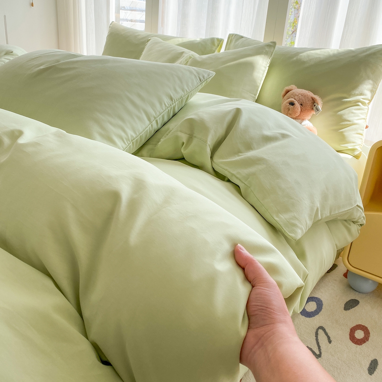 91家纺网 家纺一手货源 找家纺 蓝梦 2026新款全棉水洗棉布标四件套 抹茶绿 套版