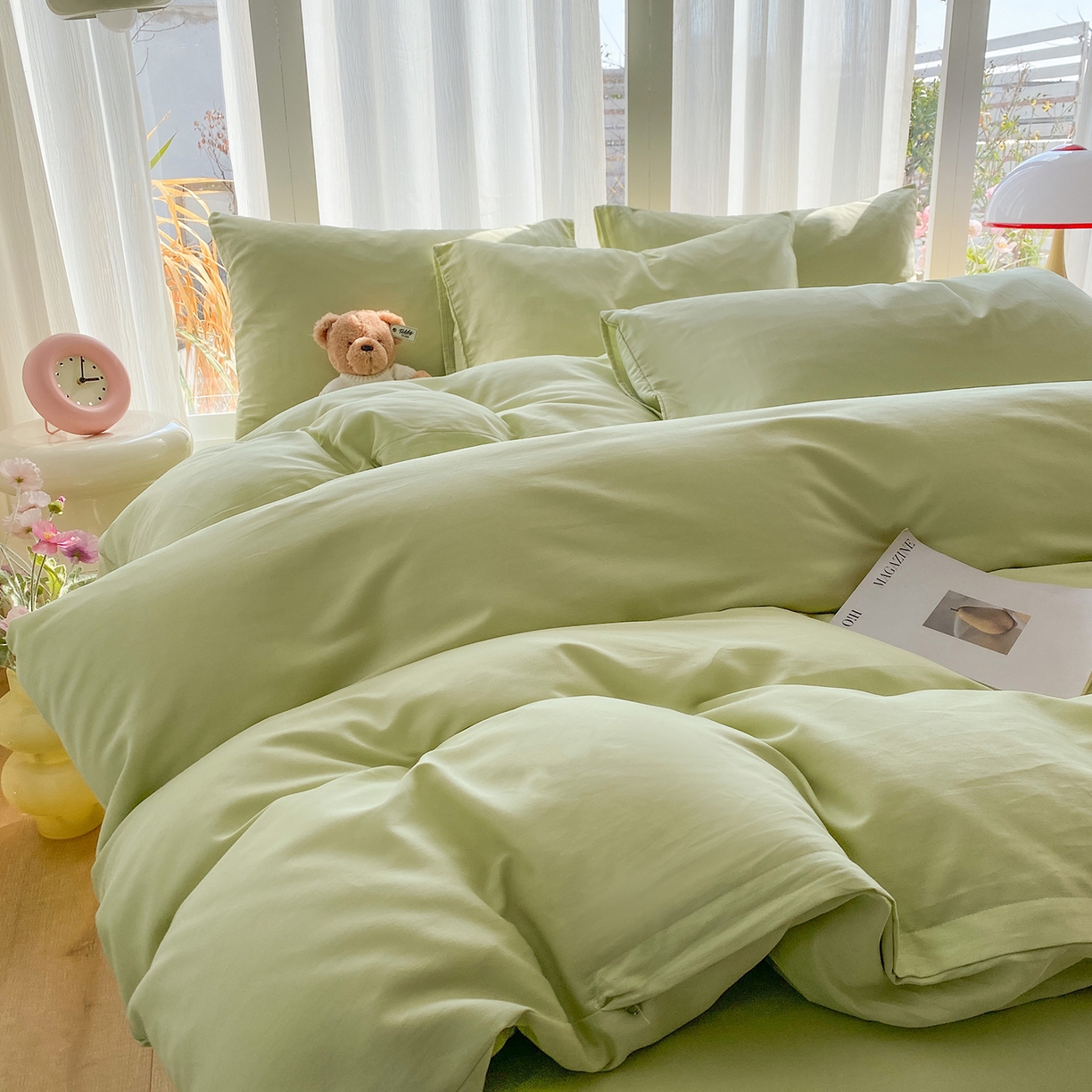 91家纺网 家纺一手货源 找家纺 蓝梦 2026新款全棉水洗棉布标四件套 抹茶绿 套版