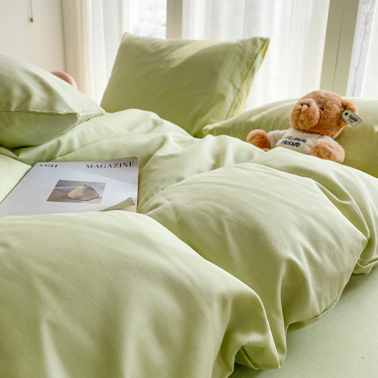 91家纺网 家纺一手货源 找家纺 蓝梦 2026新款全棉水洗棉布标四件套 抹茶绿 套版