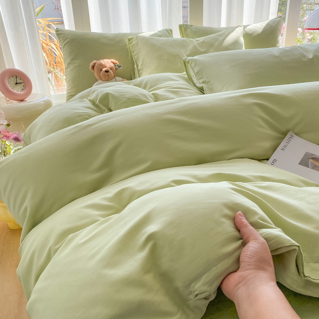 91家纺网 家纺一手货源 找家纺 蓝梦 2026新款全棉水洗棉布标四件套 抹茶绿 套版