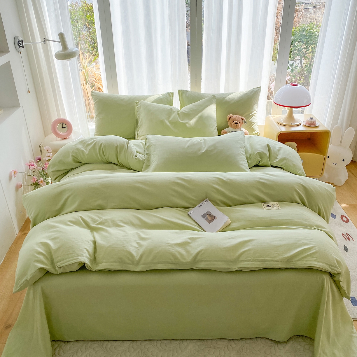 91家纺网 家纺一手货源 找家纺 蓝梦 2026新款全棉水洗棉布标四件套 抹茶绿 套版