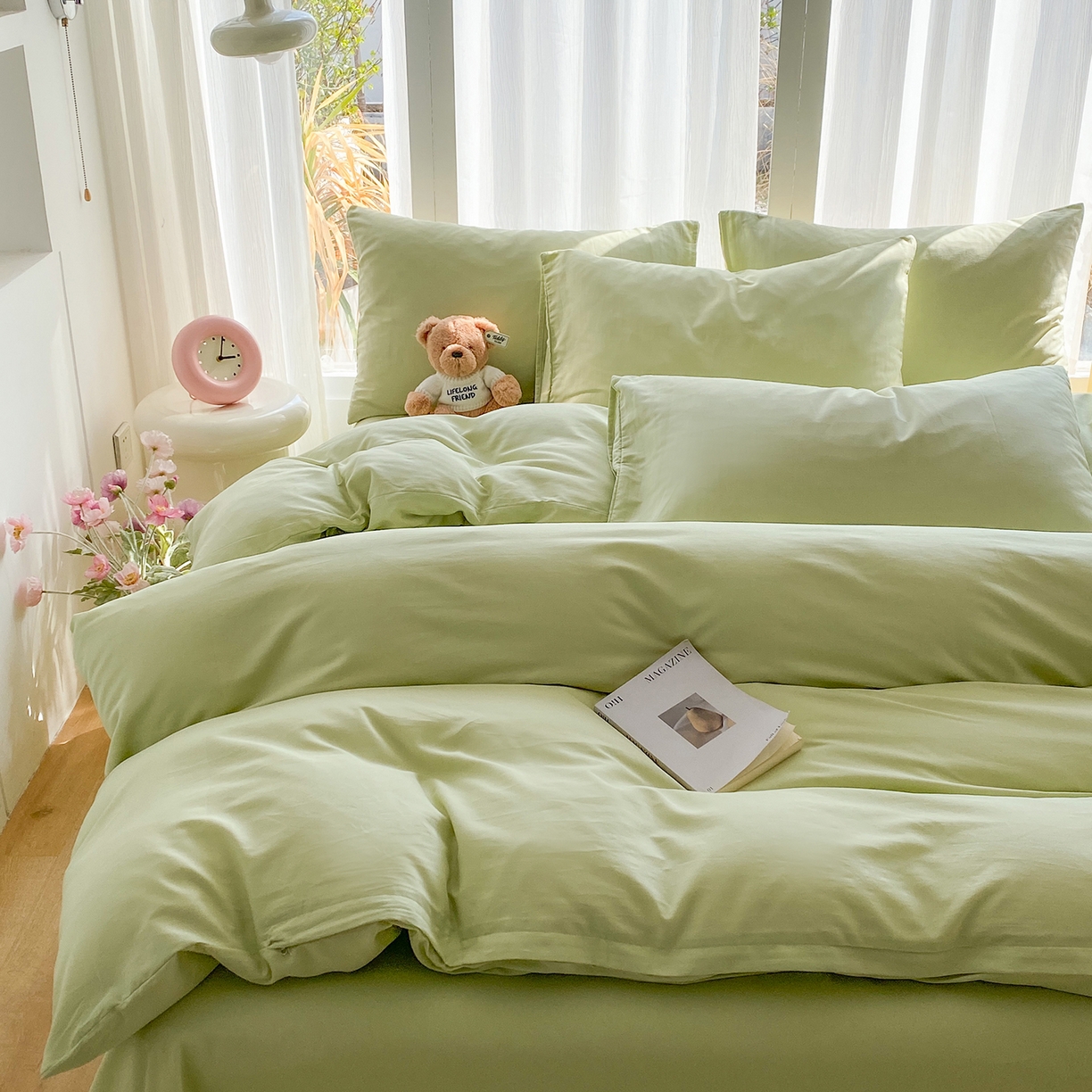 91家纺网 家纺一手货源 找家纺 蓝梦 2026新款全棉水洗棉布标四件套 抹茶绿 套版