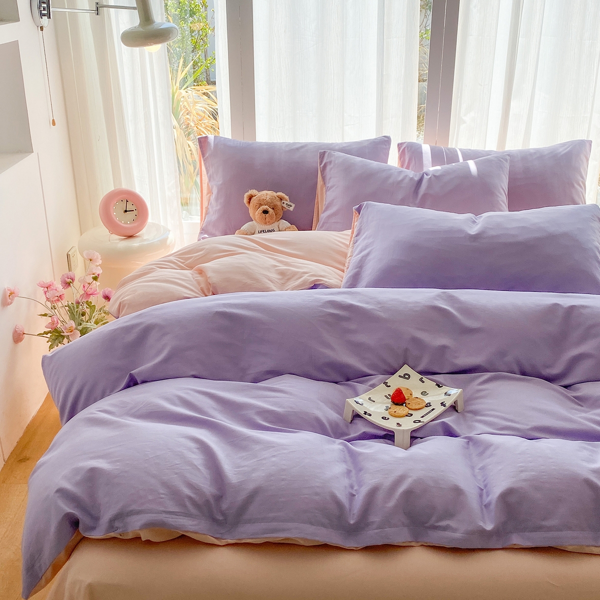 91家纺网 家纺一手货源 找家纺 蓝梦 2026新款全棉水洗棉布标四件套 丁香紫