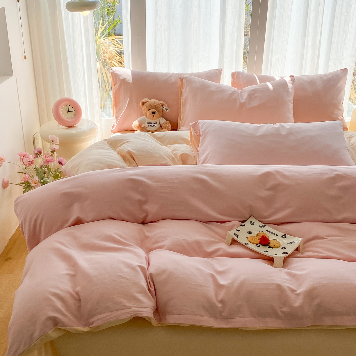 91家纺网 家纺一手货源 找家纺 蓝梦 2026新款全棉水洗棉布标四件套 公主粉+杏色