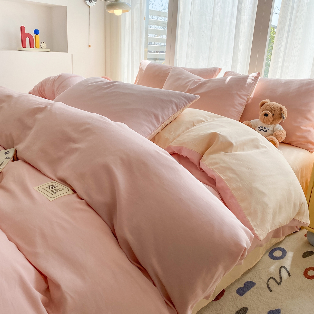 蓝梦 2026新款全棉水洗棉布标四件套 公主粉+杏色