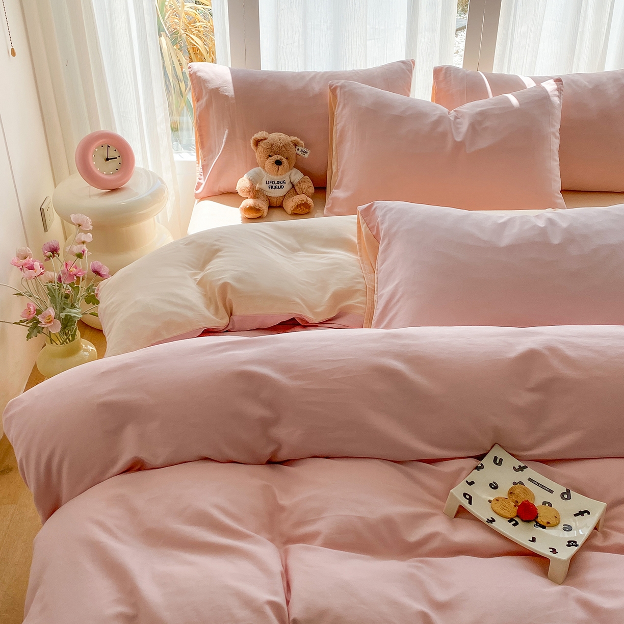 91家纺网 家纺一手货源 找家纺 蓝梦 2026新款全棉水洗棉布标四件套 公主粉+杏色