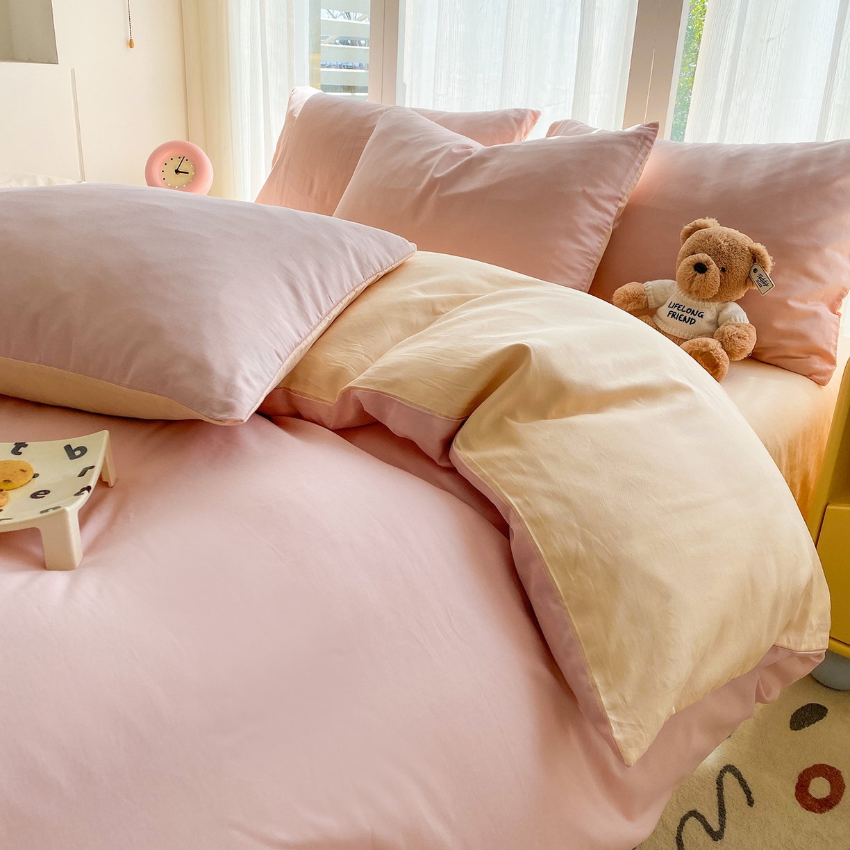 91家纺网 家纺一手货源 找家纺 蓝梦 2026新款全棉水洗棉布标四件套 公主粉+杏色