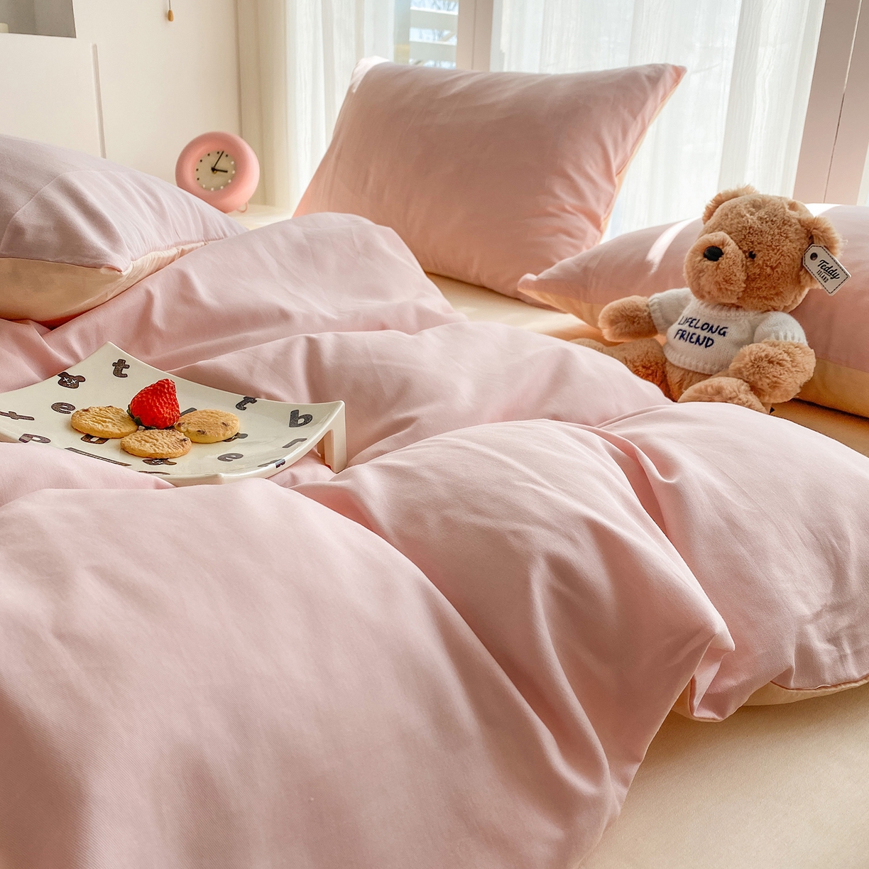 91家纺网 家纺一手货源 找家纺 蓝梦 2026新款全棉水洗棉布标四件套 公主粉+杏色