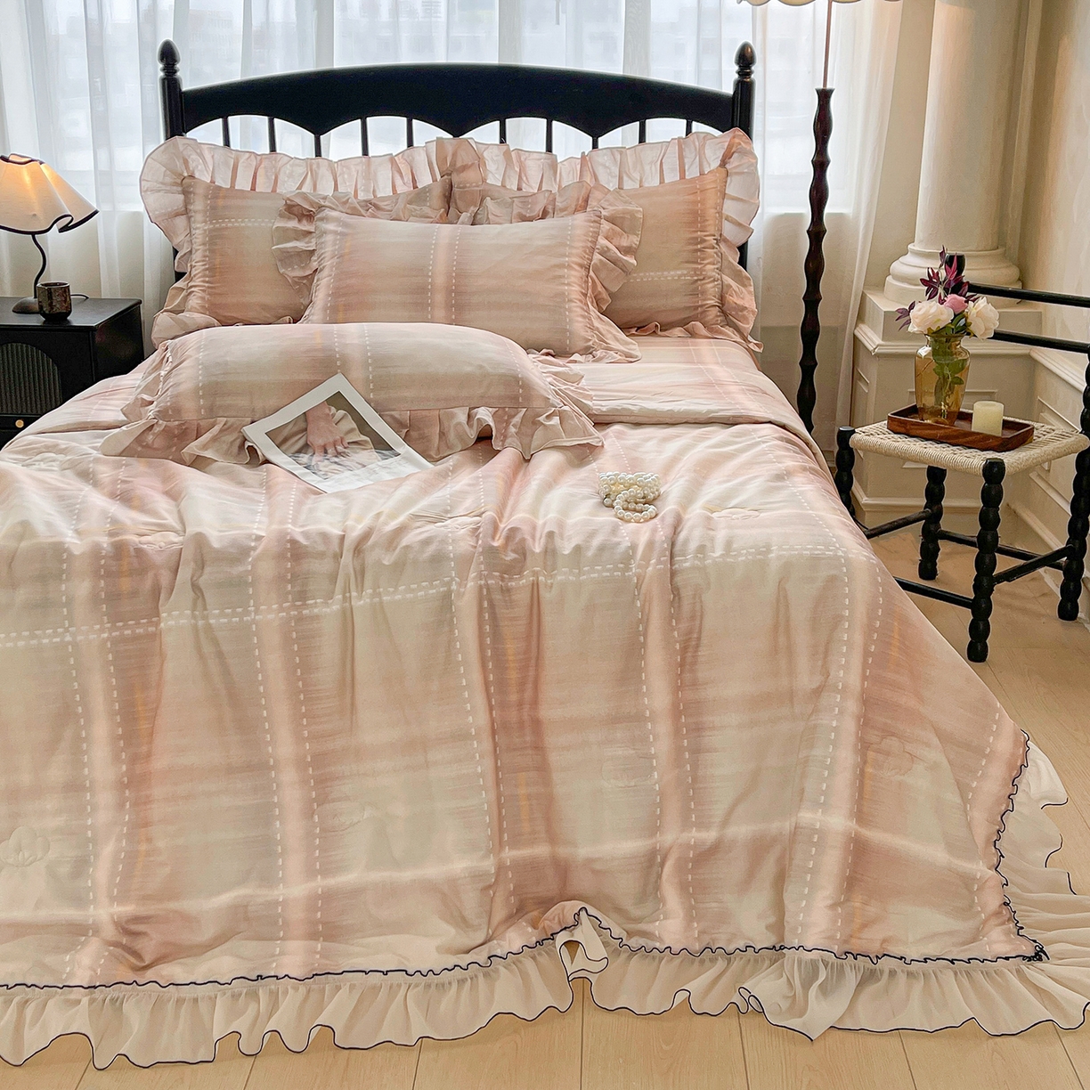 91家纺网 家纺一手货源 找家纺 （总）宜凡家纺 2026新款全棉数码印花夏被床裙四件套格子系列