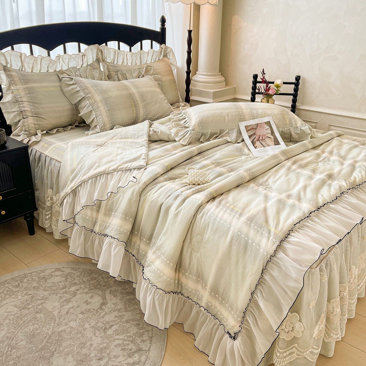 91家纺网 家纺一手货源 找家纺 宜凡家纺 2026新款全棉数码印花夏被床裙四件套格子系列 光之羽 绿