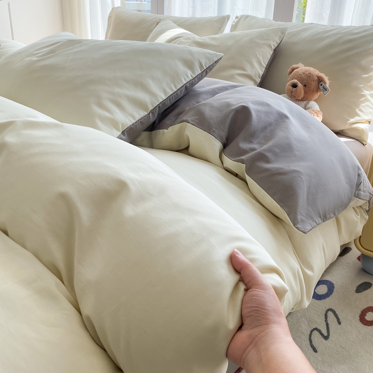 91家纺网 家纺一手货源 找家纺 蓝梦 2026新款全棉水洗棉布标四件套 奶白+时尚灰