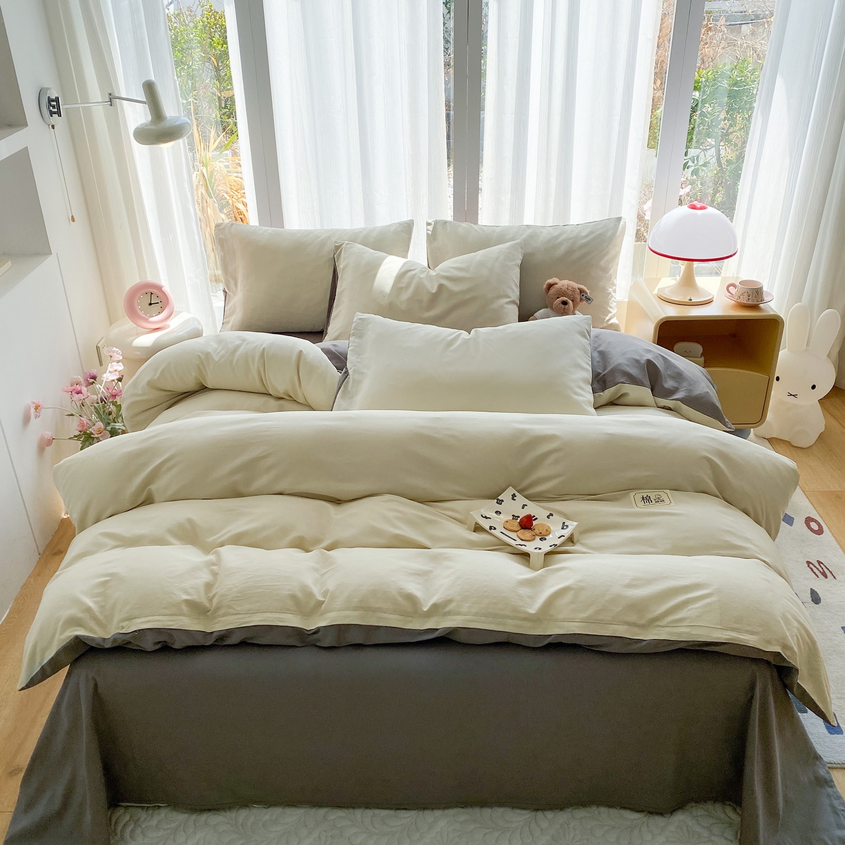 91家纺网 家纺一手货源 找家纺 蓝梦 2026新款全棉水洗棉布标四件套 奶白+时尚灰