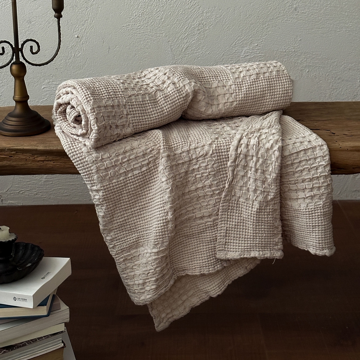 米菲 2026春夏新款全棉纯棉纯色毛毯盖毯 奶茶杏