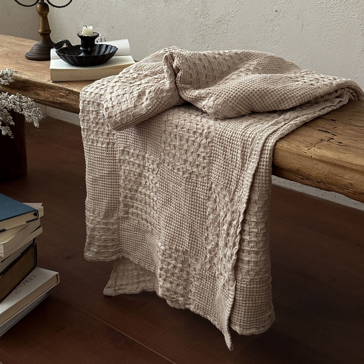 91家纺网 家纺一手货源 找家纺 米菲 2026春夏新款全棉纯棉纯色毛毯盖毯 奶茶杏