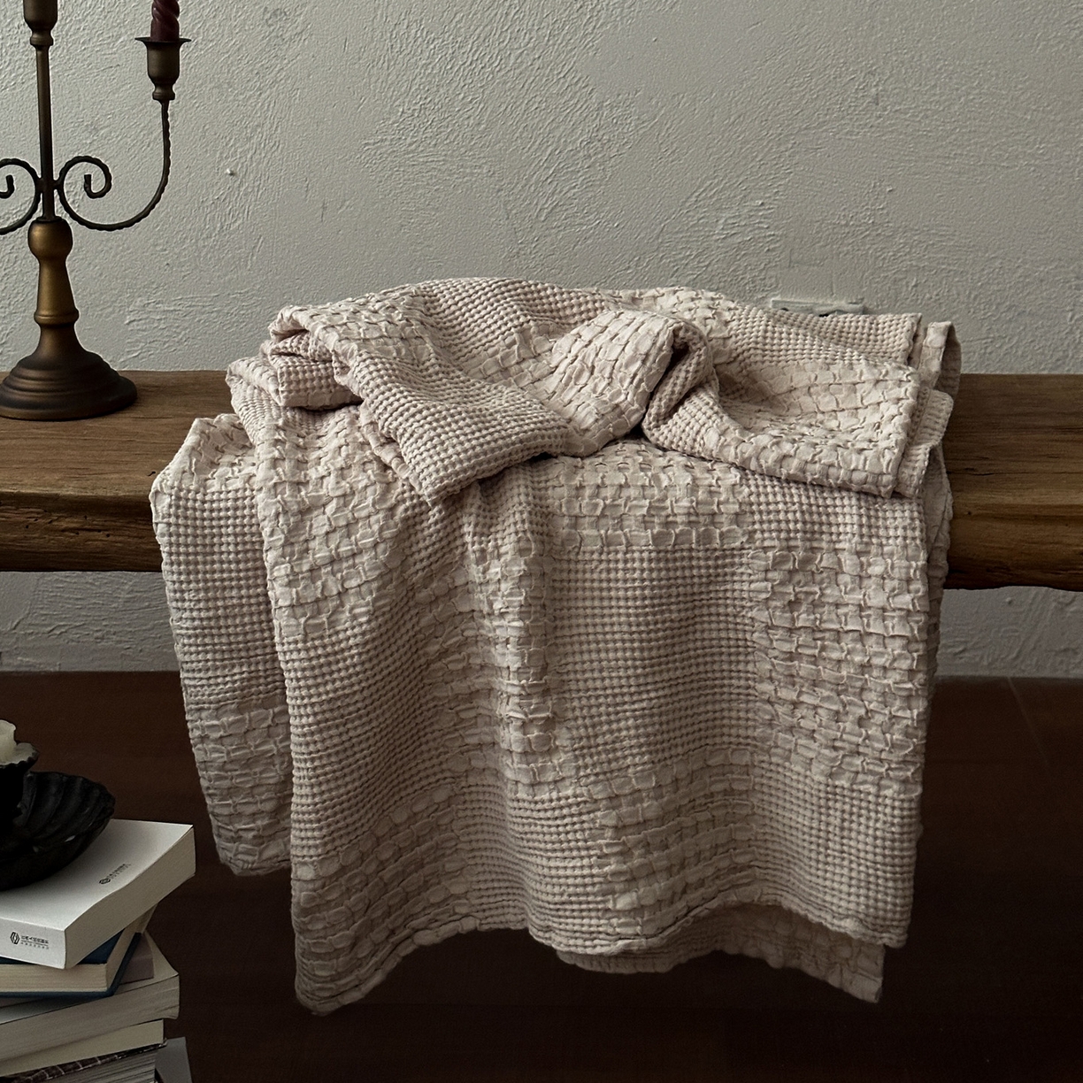 91家纺网 家纺一手货源 找家纺 米菲 2026春夏新款全棉纯棉纯色毛毯盖毯 奶茶杏