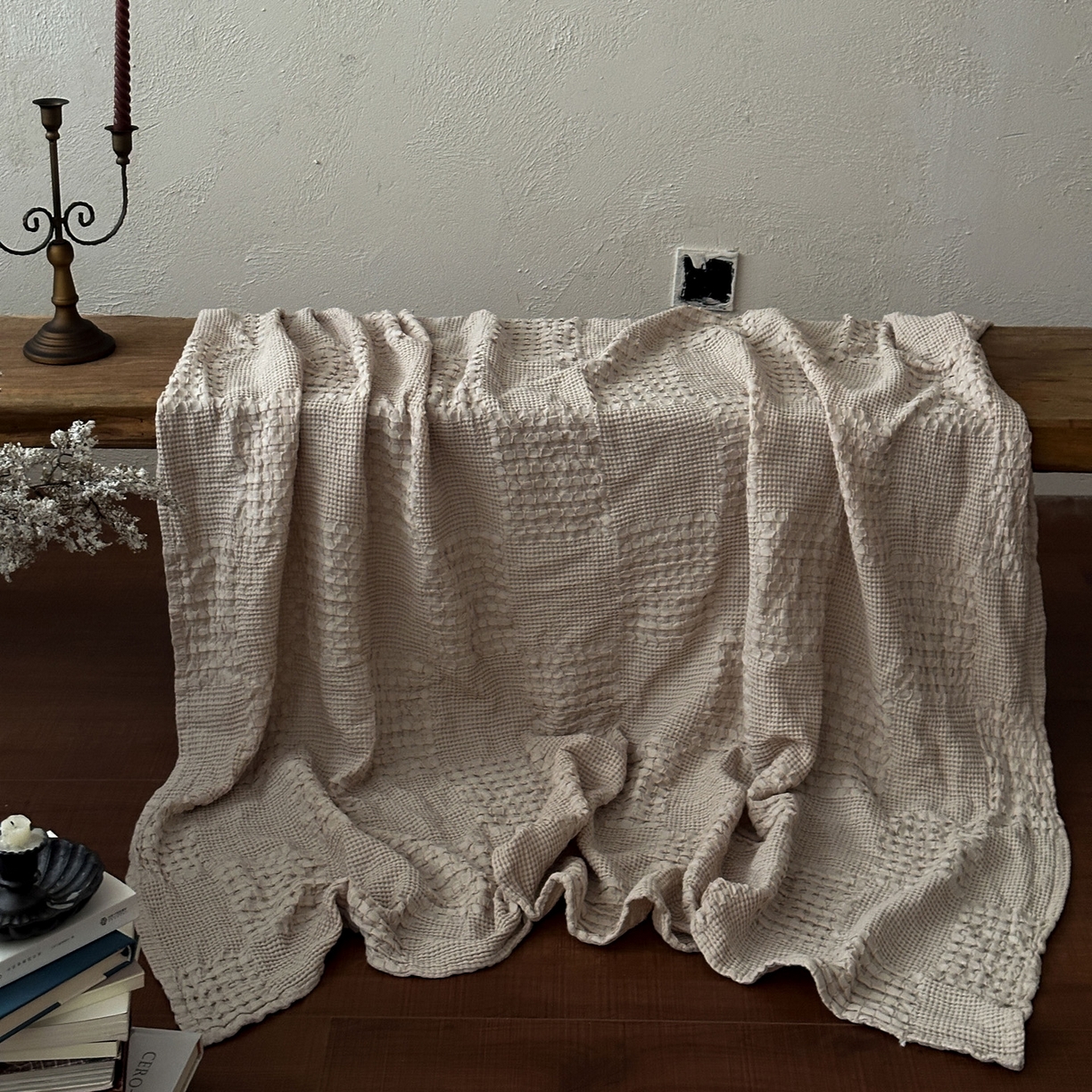 91家纺网 家纺一手货源 找家纺 米菲 2026春夏新款全棉纯棉纯色毛毯盖毯 奶茶杏