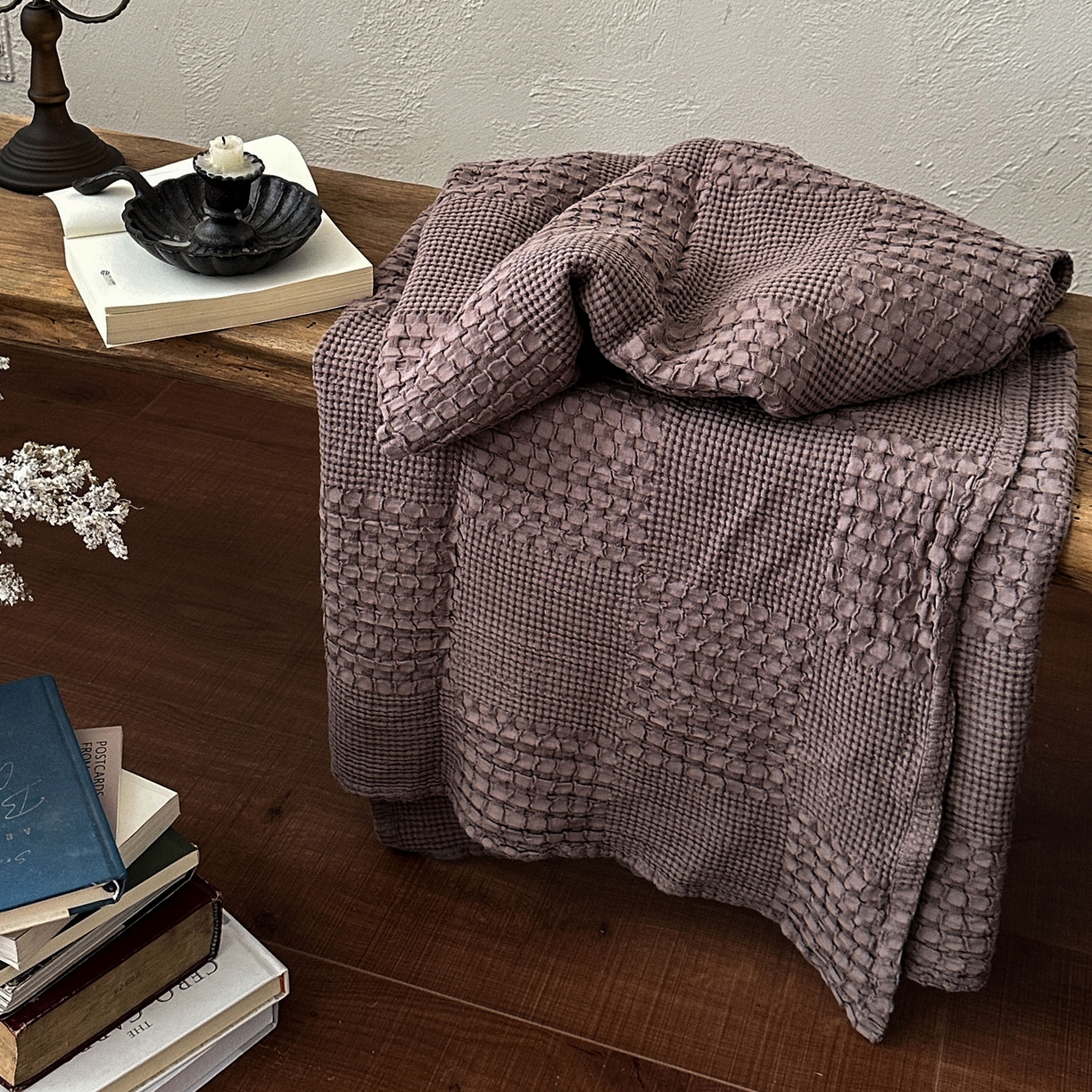 91家纺网 家纺一手货源 找家纺 米菲 2026春夏新款全棉纯棉纯色毛毯盖毯 咖啡棕