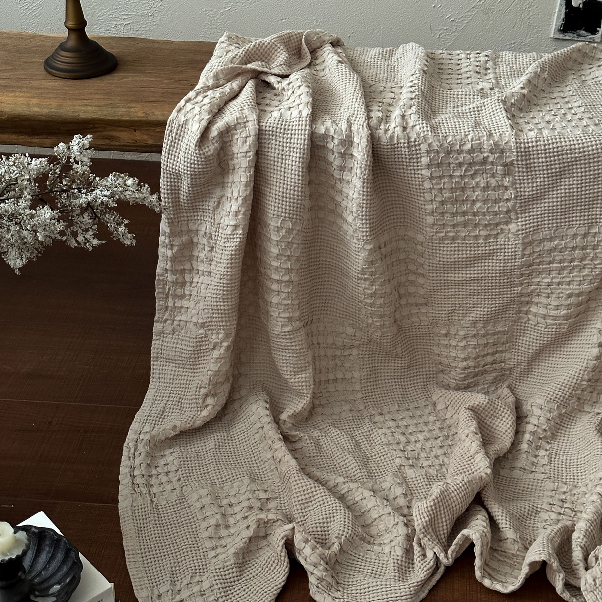 91家纺网 家纺一手货源 找家纺 米菲 2026春夏新款全棉纯棉纯色毛毯盖毯 奶茶杏