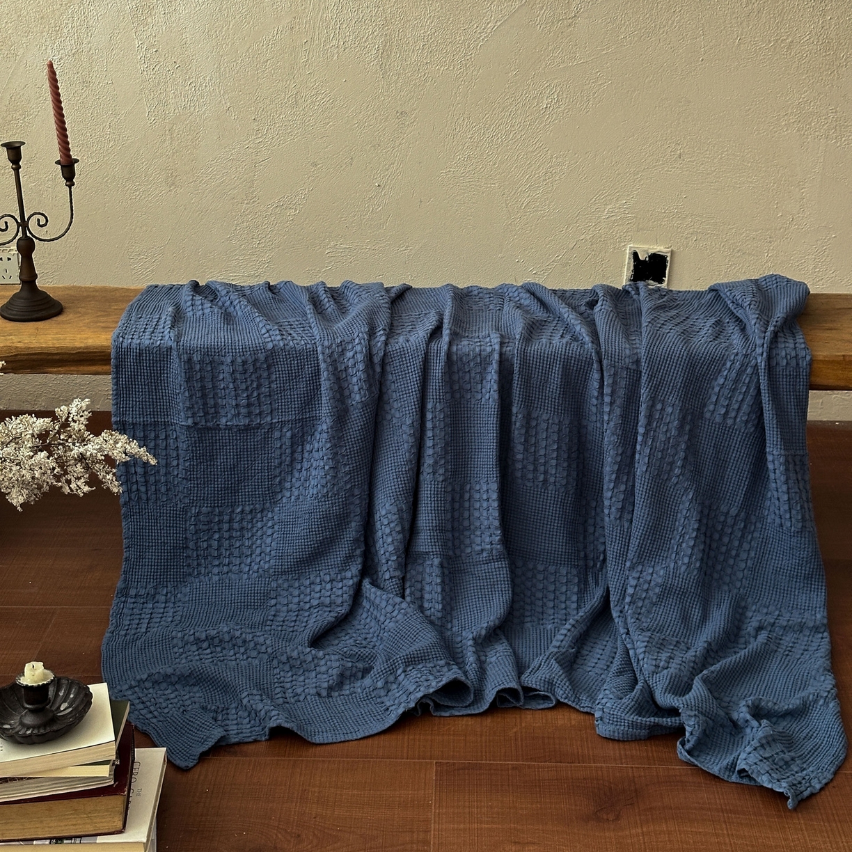 91家纺网 家纺一手货源 找家纺 米菲 2026春夏新款全棉纯棉纯色毛毯盖毯 克莱因蓝