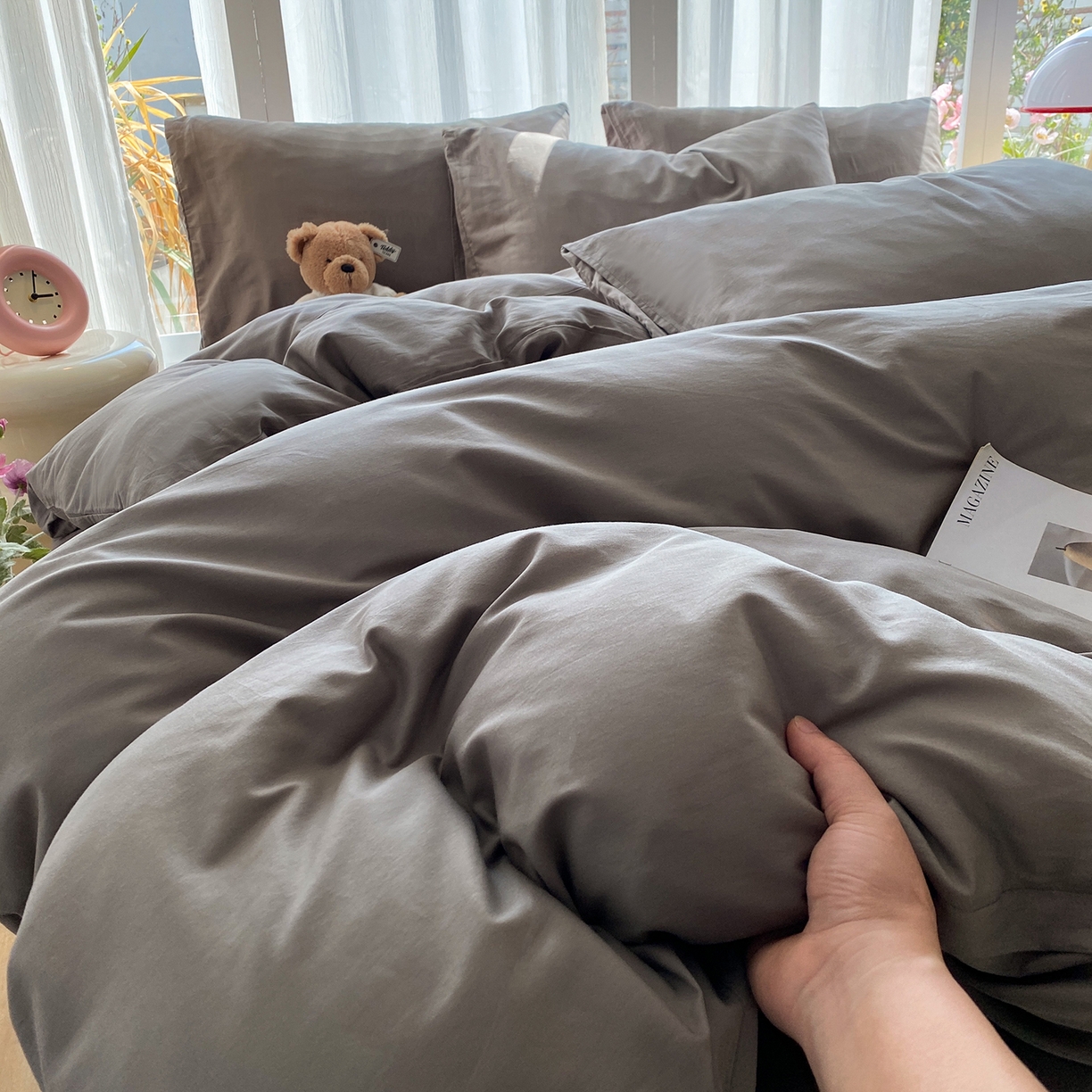 91家纺网 家纺一手货源 找家纺 蓝梦 2026新款全棉水洗棉布标四件套 时尚灰 套版