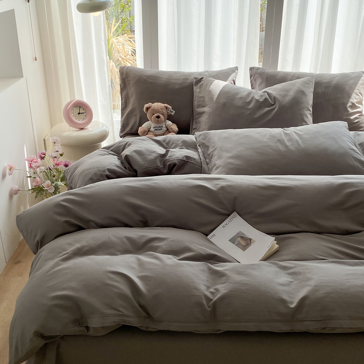 91家纺网 家纺一手货源 找家纺 蓝梦 2026新款全棉水洗棉布标四件套 时尚灰 套版