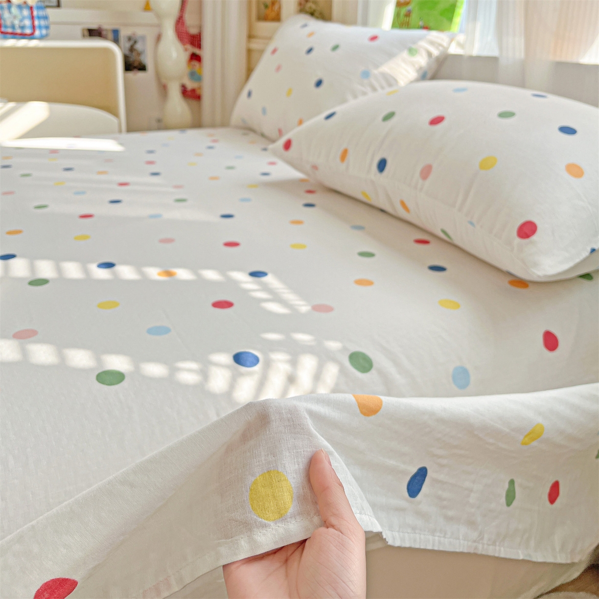 91家纺网 家纺一手货源 找家纺 名兮家居 2026新款全棉纯棉A类双层纱单床单 床单单件 双层纱-彩色波点