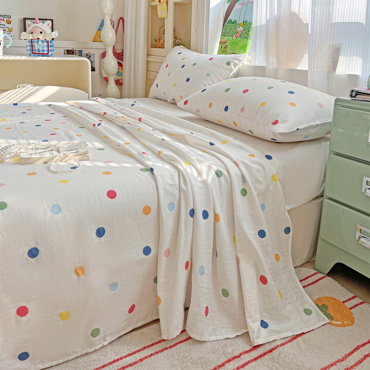 91家纺网 家纺一手货源 找家纺 名兮家居 2026新款全棉纯棉A类双层纱单床单 床单单件 双层纱-彩色波点