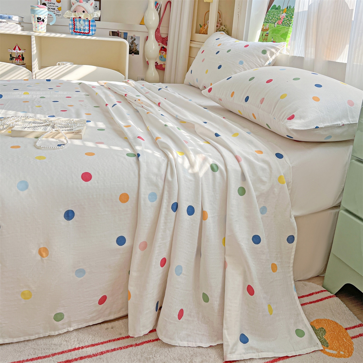 91家纺网 家纺一手货源 找家纺 名兮家居 2026新款全棉纯棉A类双层纱单床单 床单单件 双层纱-彩色波点