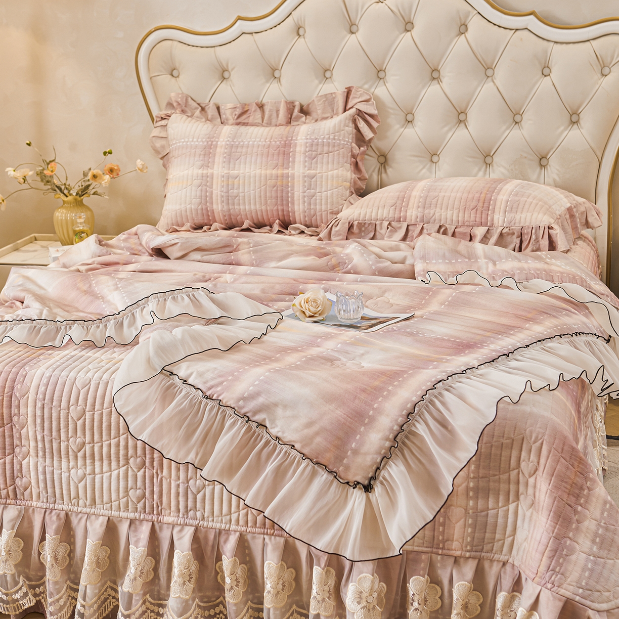 91家纺网 家纺一手货源 找家纺 宜凡家纺 2026新款全棉数码印花夏被床盖四件套格子系列 光之羽 紫