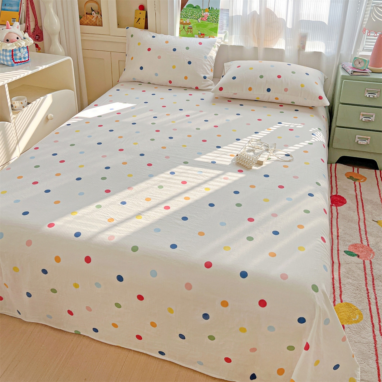 91家纺网 家纺一手货源 找家纺 名兮家居 2026新款全棉纯棉A类双层纱单床单 床单单件 双层纱-彩色波点