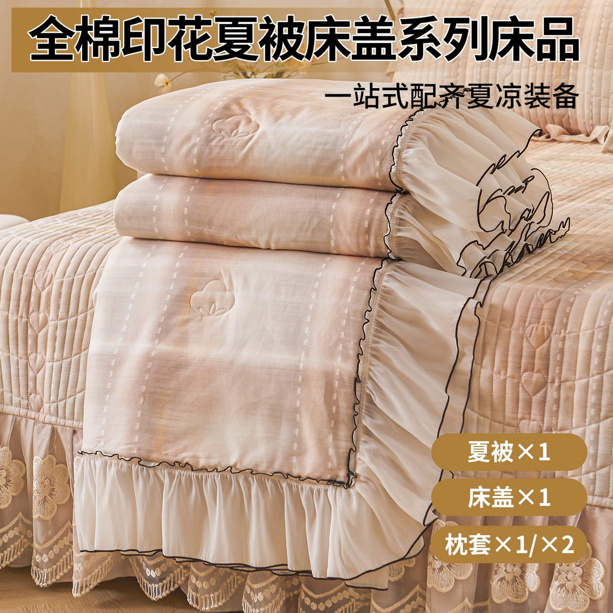 91家纺网 家纺一手货源 找家纺 宜凡家纺 2026新款全棉数码印花夏被床盖四件套格子系列 光之羽 粉