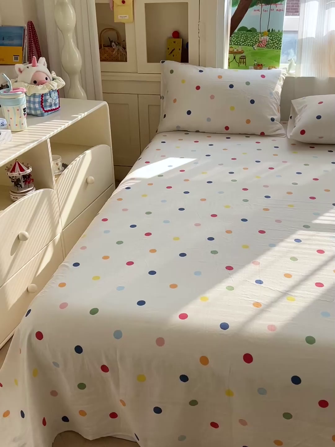 91家纺网 家纺一手货源 找家纺 名兮家居 2026新款全棉纯棉A类双层纱单床单 床单单件 双层纱-彩色波点