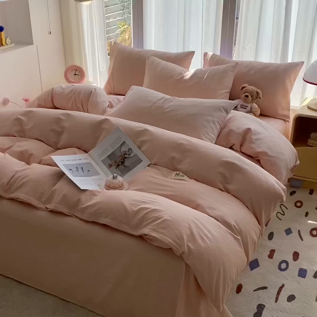 91家纺网 家纺一手货源 找家纺 蓝梦 2026新款全棉水洗棉布标四件套 公主粉