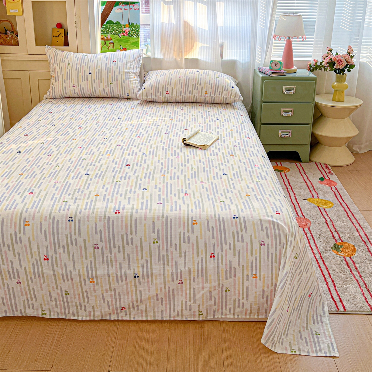 91家纺网 家纺一手货源 找家纺 名兮家居 2026新款全棉纯棉A类双层纱单床单 床单单件 双层纱-彩条樱桃