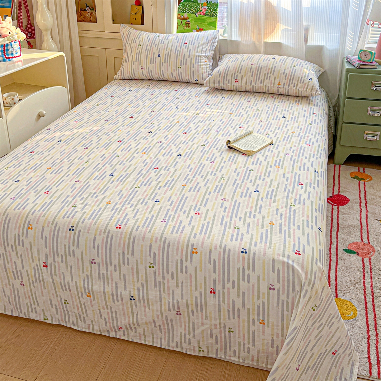 91家纺网 家纺一手货源 找家纺 名兮家居 2026新款全棉纯棉A类双层纱单床单 床单单件 双层纱-彩条樱桃