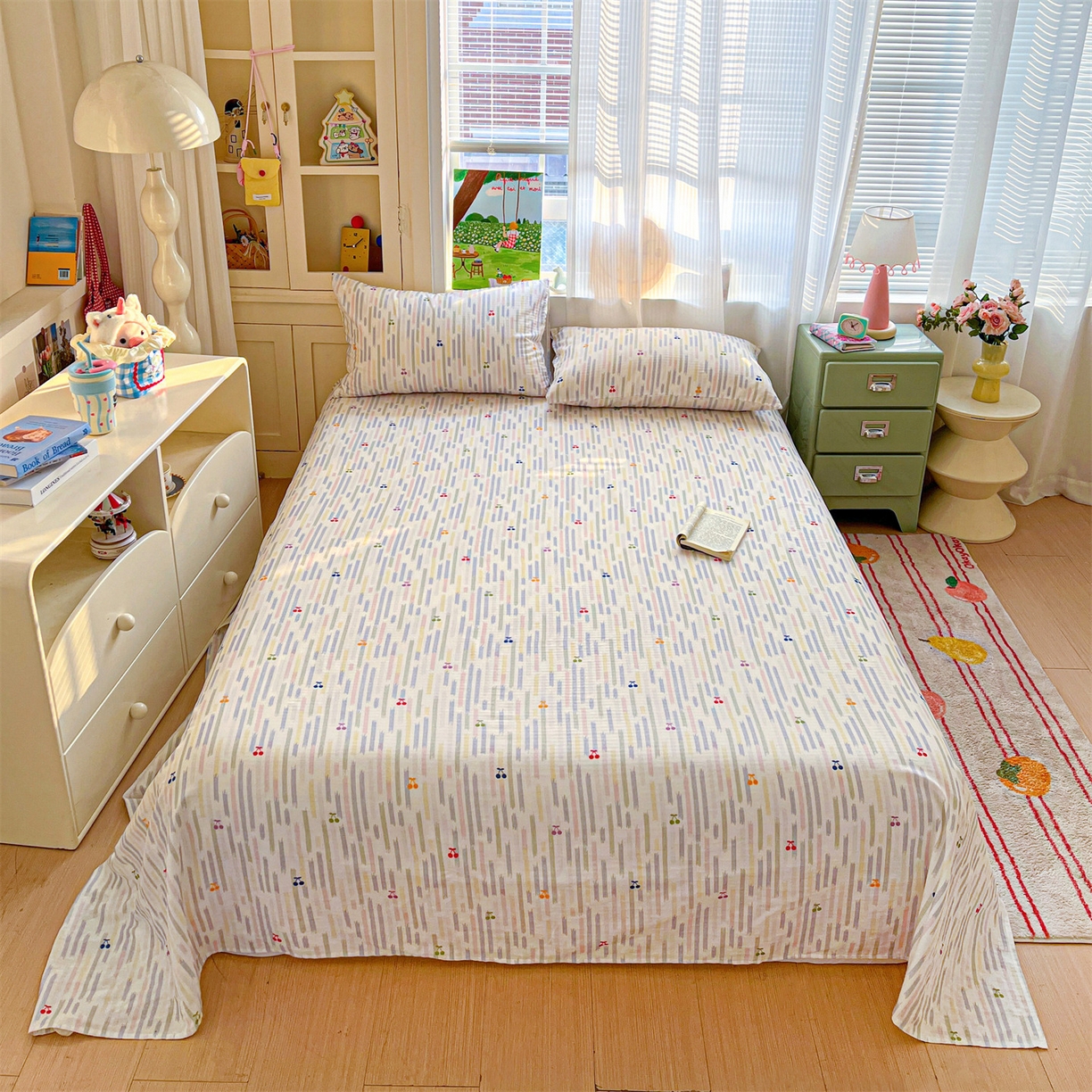 91家纺网 家纺一手货源 找家纺 名兮家居 2026新款全棉纯棉A类双层纱单床单 床单单件 双层纱-彩条樱桃