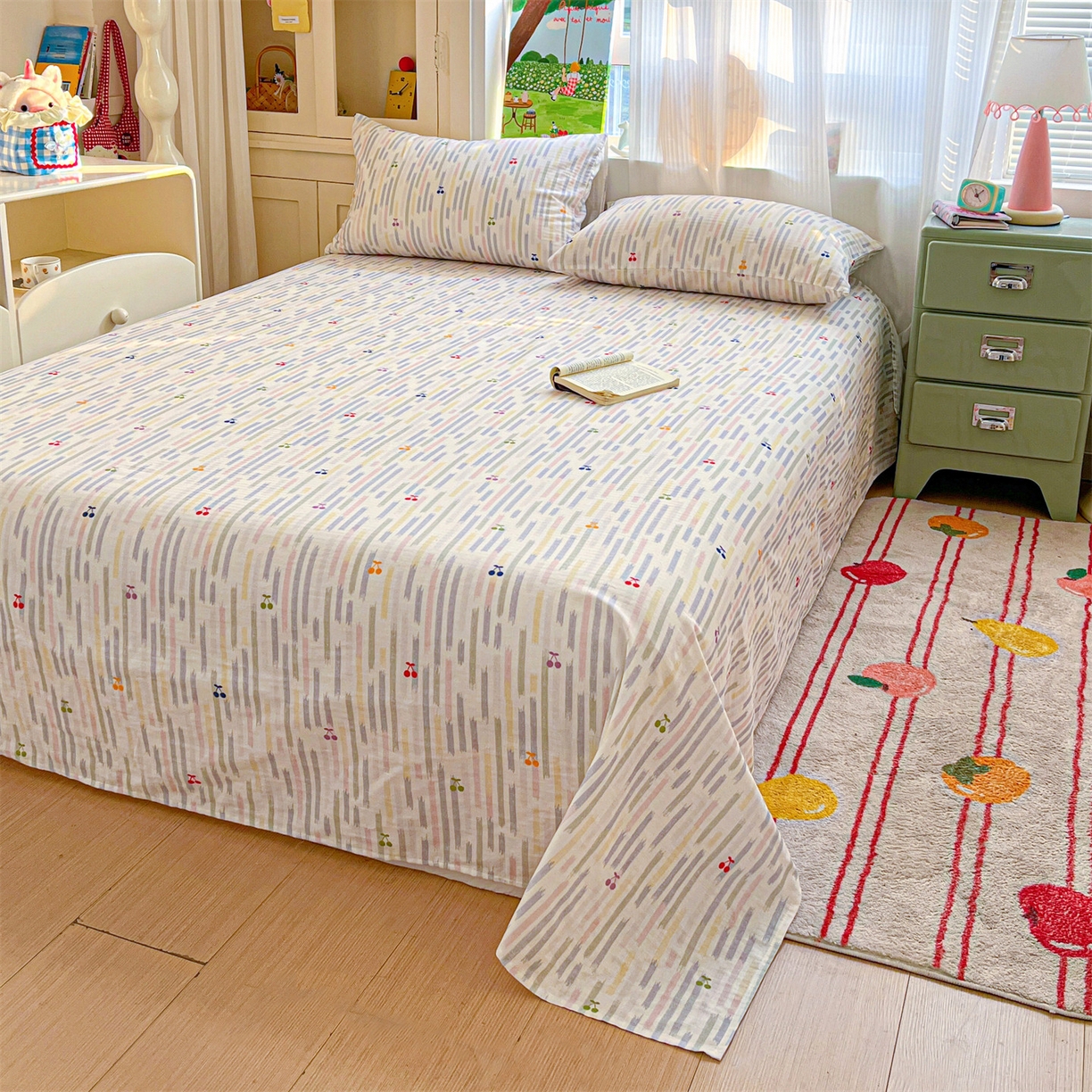 91家纺网 家纺一手货源 找家纺 名兮家居 2026新款全棉纯棉A类双层纱单床单 床单单件 双层纱-彩条樱桃