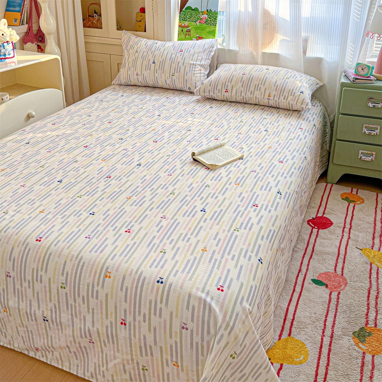 91家纺网 家纺一手货源 找家纺 名兮家居 2026新款全棉纯棉A类双层纱单床单 床单单件 双层纱-彩条樱桃