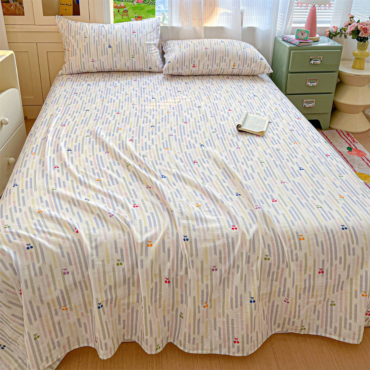 91家纺网 家纺一手货源 找家纺 名兮家居 2026新款全棉纯棉A类双层纱单床单 床单单件 双层纱-彩条樱桃