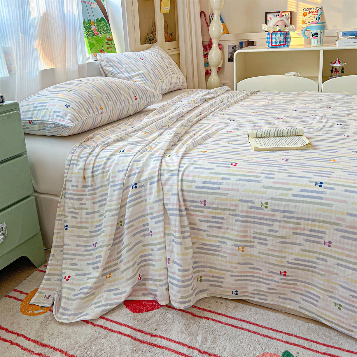 91家纺网 家纺一手货源 找家纺 名兮家居 2026新款全棉纯棉A类双层纱单床单 床单单件 双层纱-彩条樱桃