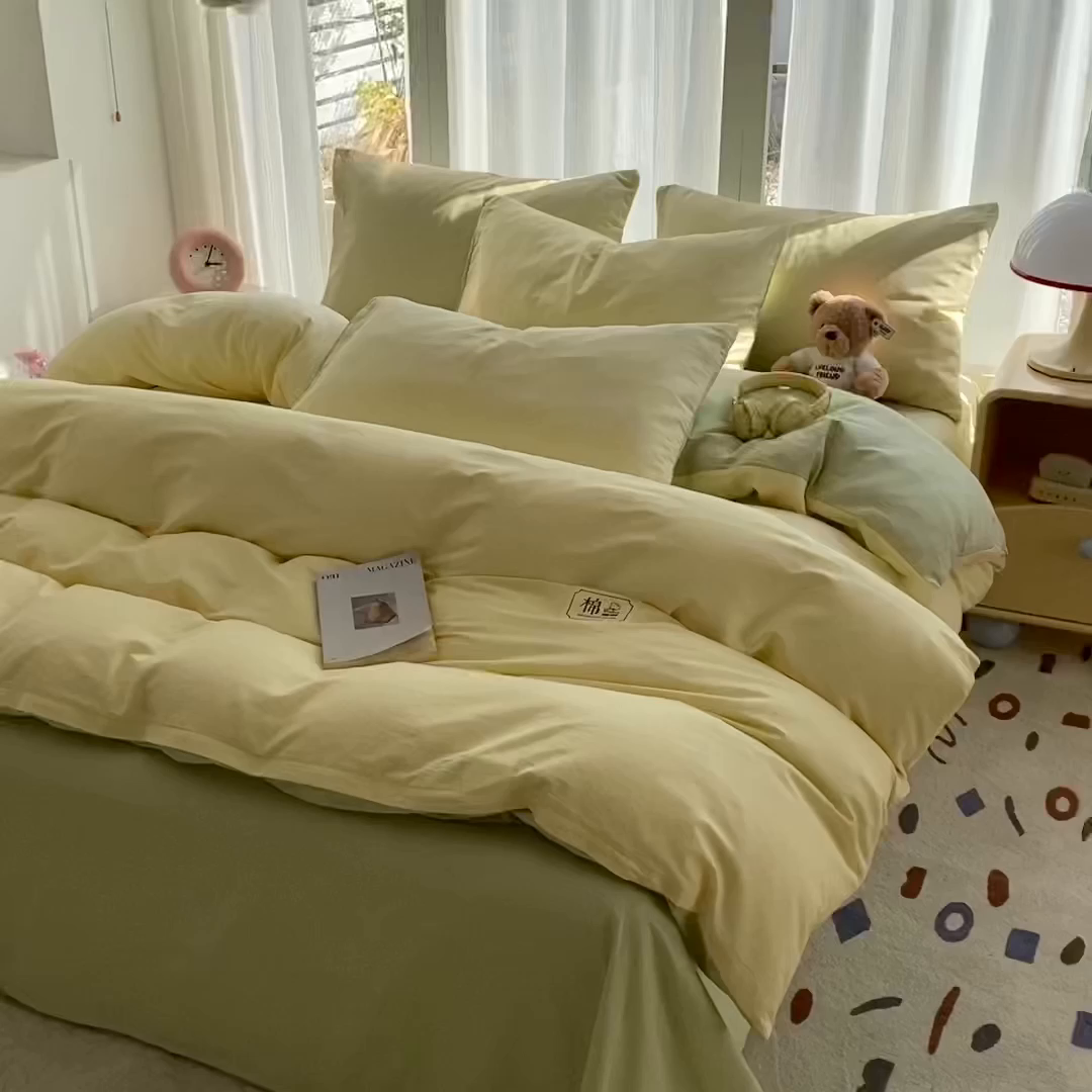 91家纺网 家纺一手货源 找家纺 蓝梦 2026新款全棉水洗棉布标四件套 奶黄
