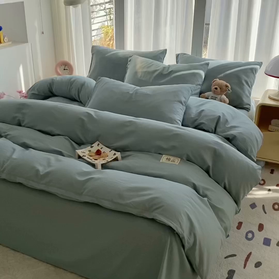 91家纺网 家纺一手货源 找家纺 蓝梦 2026新款全棉水洗棉布标四件套 浅蓝 开版