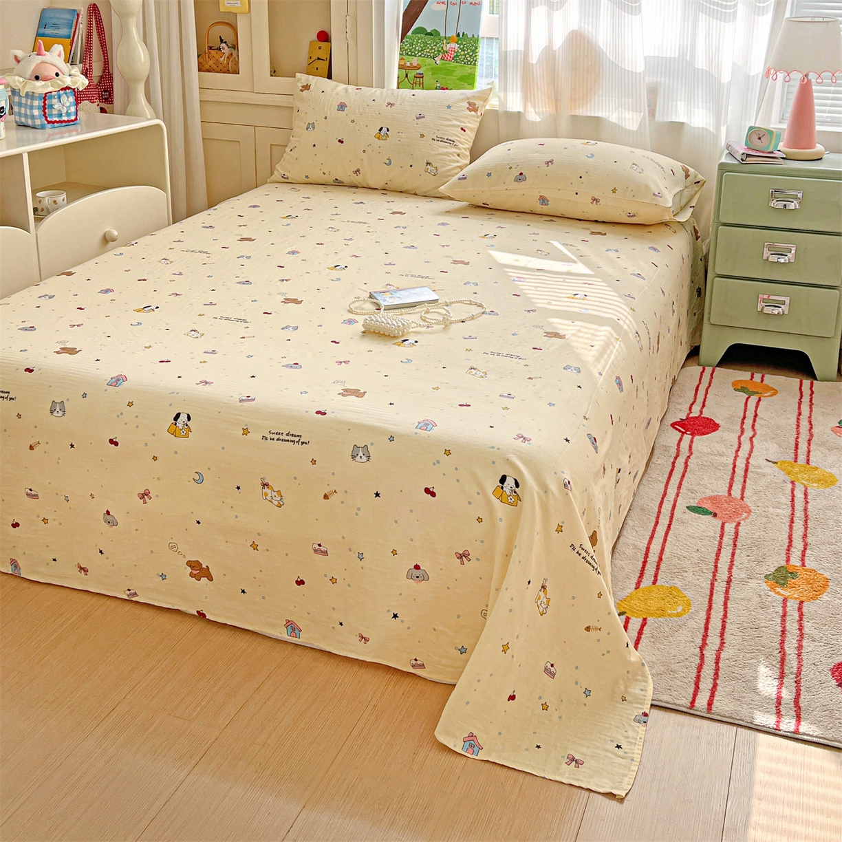 91家纺网 家纺一手货源 找家纺 名兮家居 2026新款全棉纯棉A类双层纱单床单 床单单件 双层纱-狗狗幻想