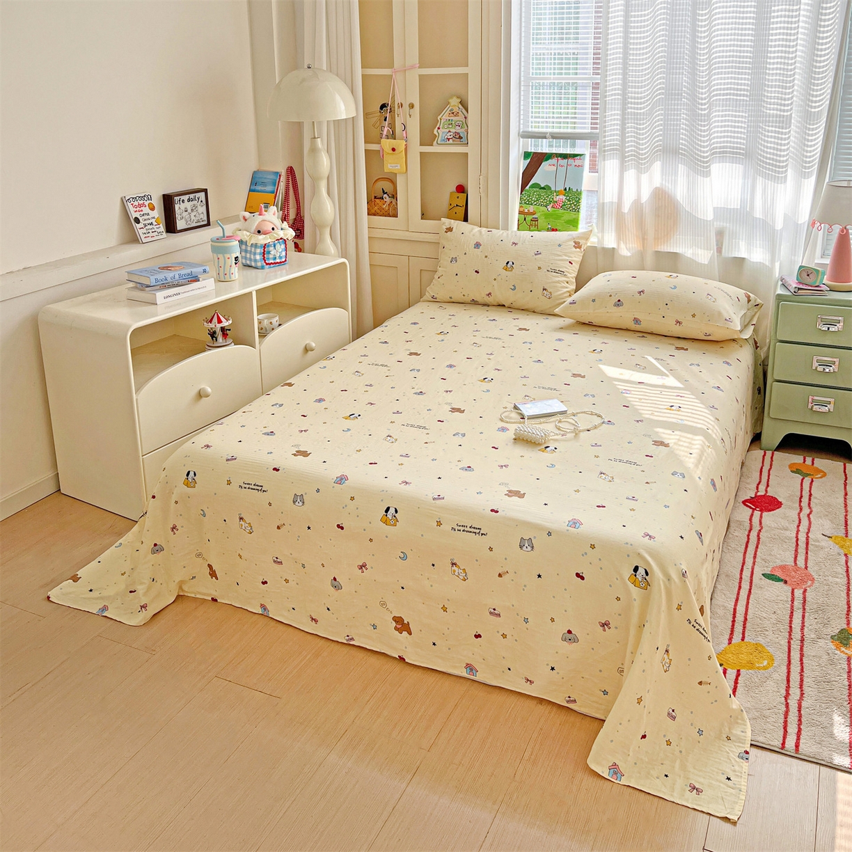 91家纺网 家纺一手货源 找家纺 名兮家居 2026新款全棉纯棉A类双层纱单床单 床单单件 双层纱-狗狗幻想