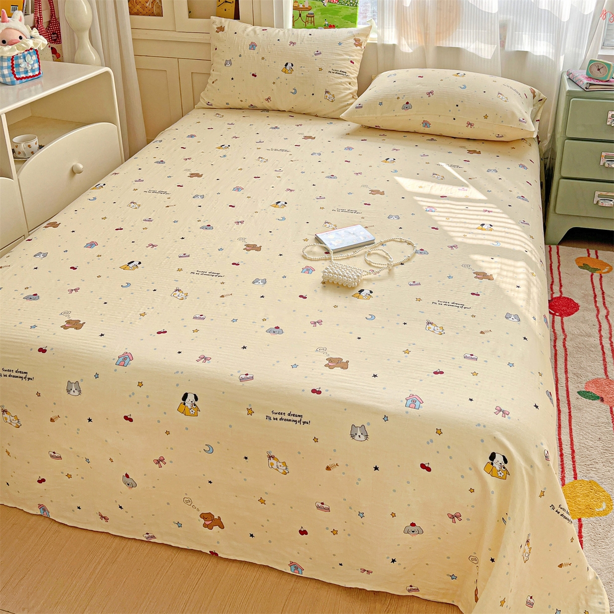 91家纺网 家纺一手货源 找家纺 名兮家居 2026新款全棉纯棉A类双层纱单床单 床单单件 双层纱-狗狗幻想