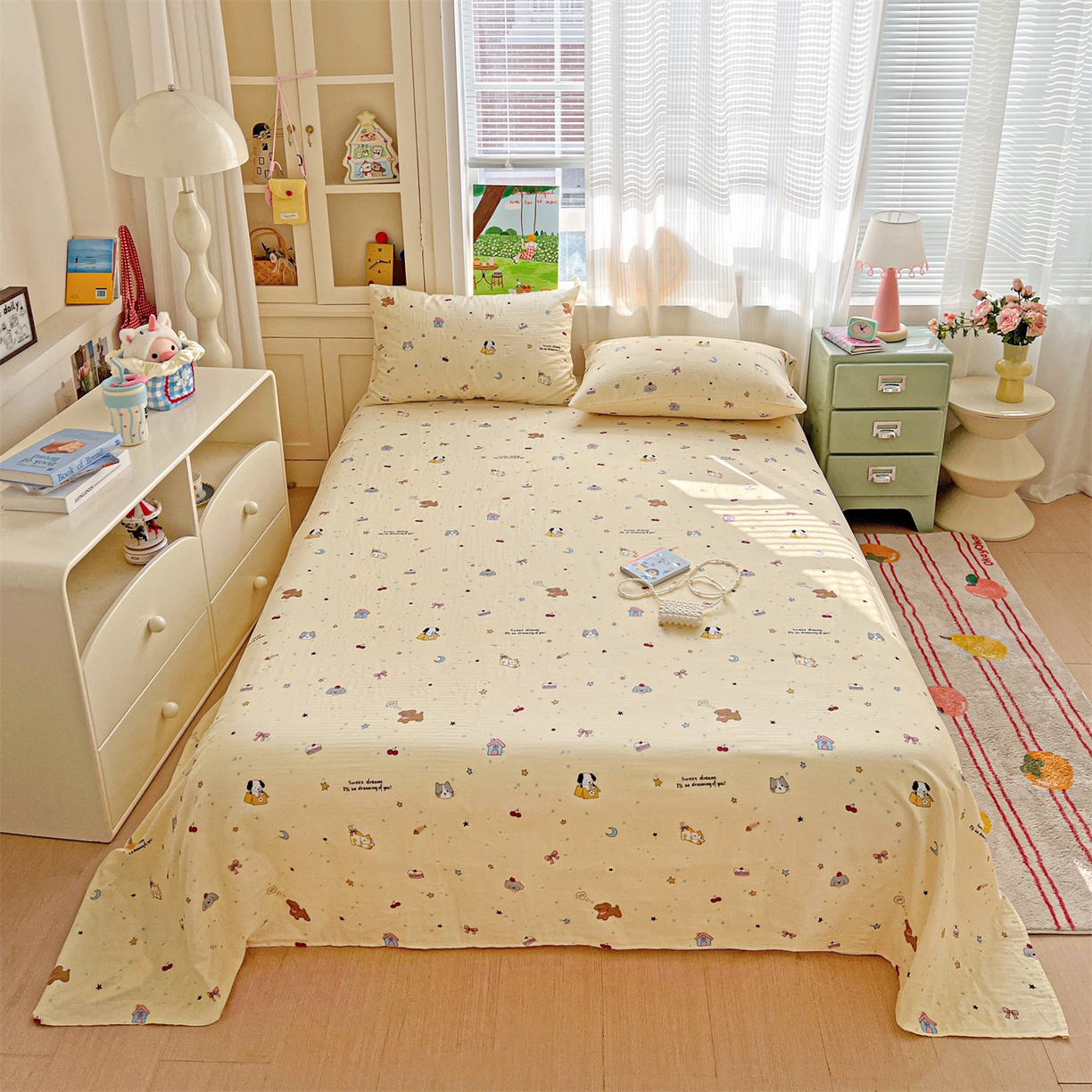 91家纺网 家纺一手货源 找家纺 名兮家居 2026新款全棉纯棉A类双层纱单床单 床单单件 双层纱-狗狗幻想