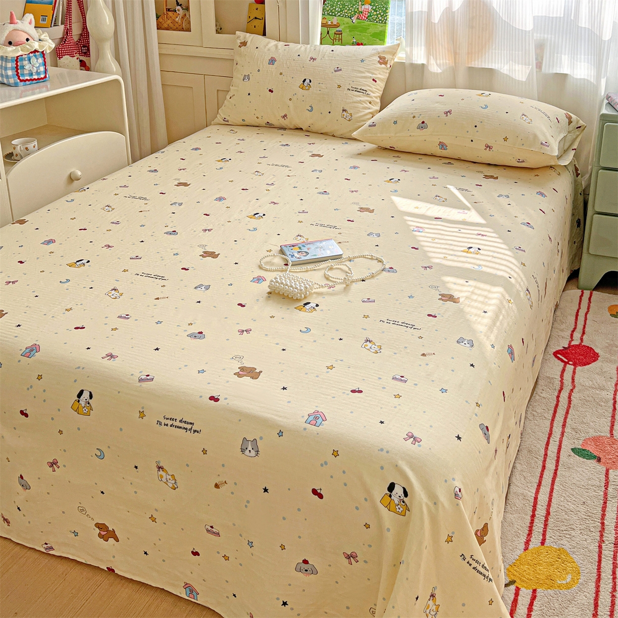 91家纺网 家纺一手货源 找家纺 名兮家居 2026新款全棉纯棉A类双层纱单床单 床单单件 双层纱-狗狗幻想