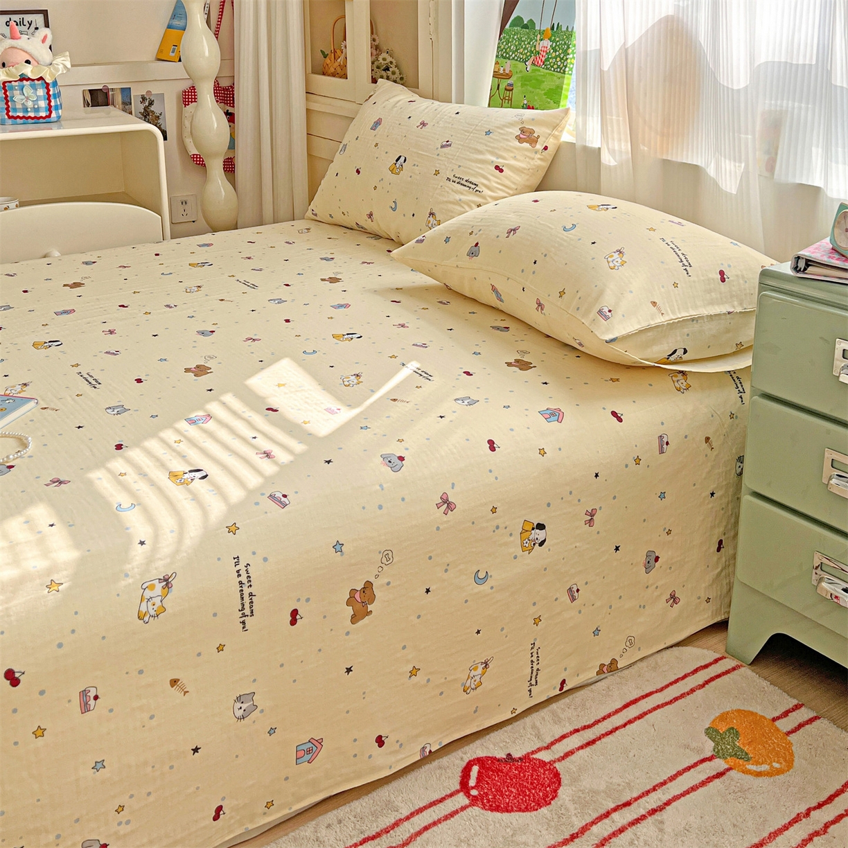 91家纺网 家纺一手货源 找家纺 名兮家居 2026新款全棉纯棉A类双层纱单床单 床单单件 双层纱-狗狗幻想