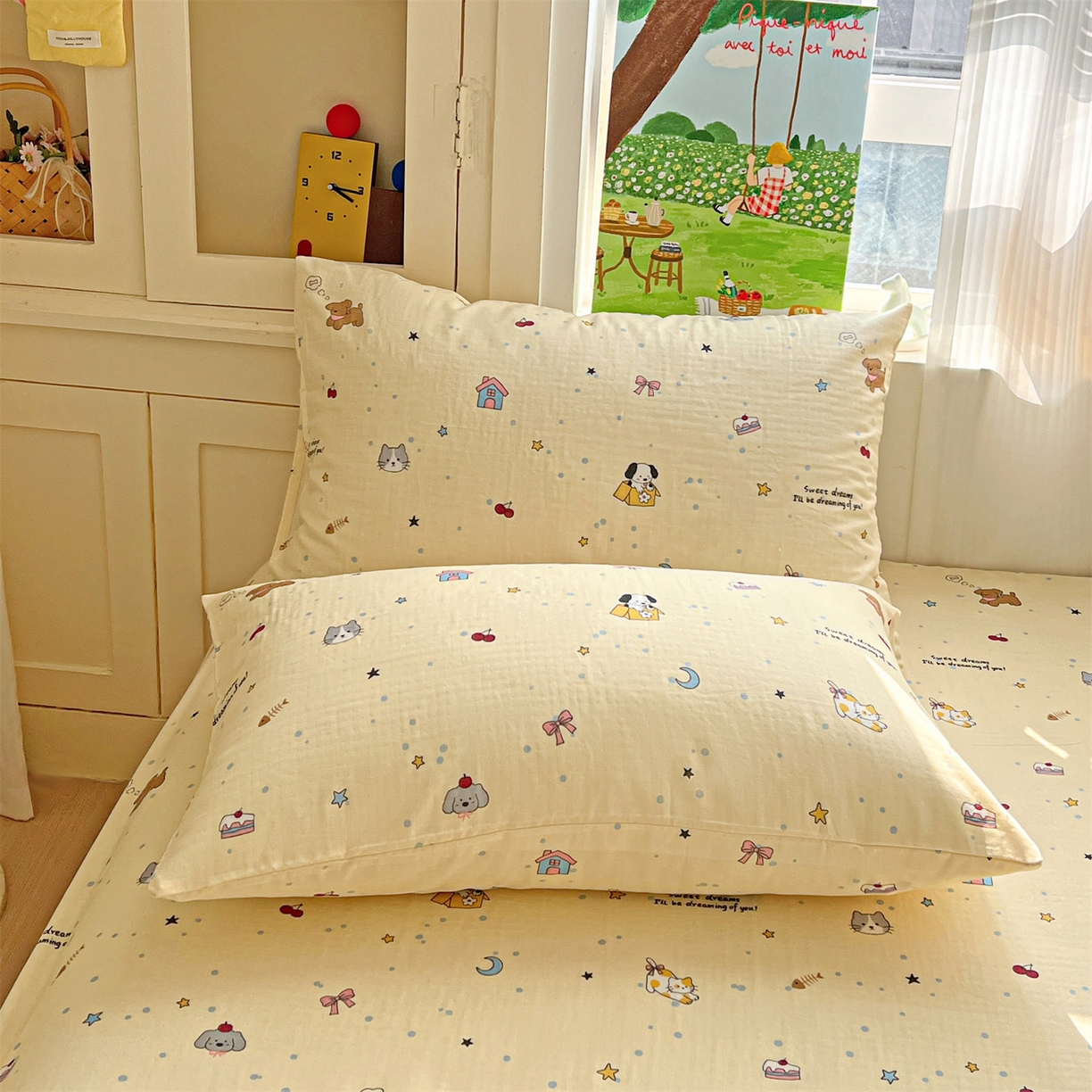 91家纺网 家纺一手货源 找家纺 名兮家居 2026新款全棉纯棉A类双层纱单床单 床单单件 双层纱-狗狗幻想