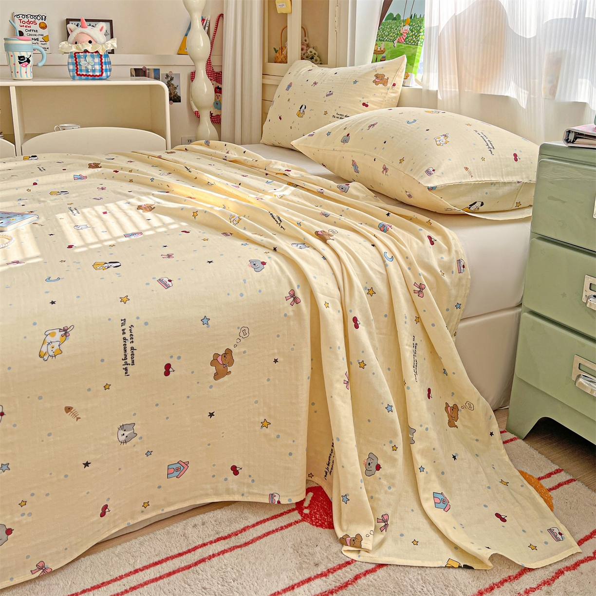 91家纺网 家纺一手货源 找家纺 名兮家居 2026新款全棉纯棉A类双层纱单床单 床单单件 双层纱-狗狗幻想